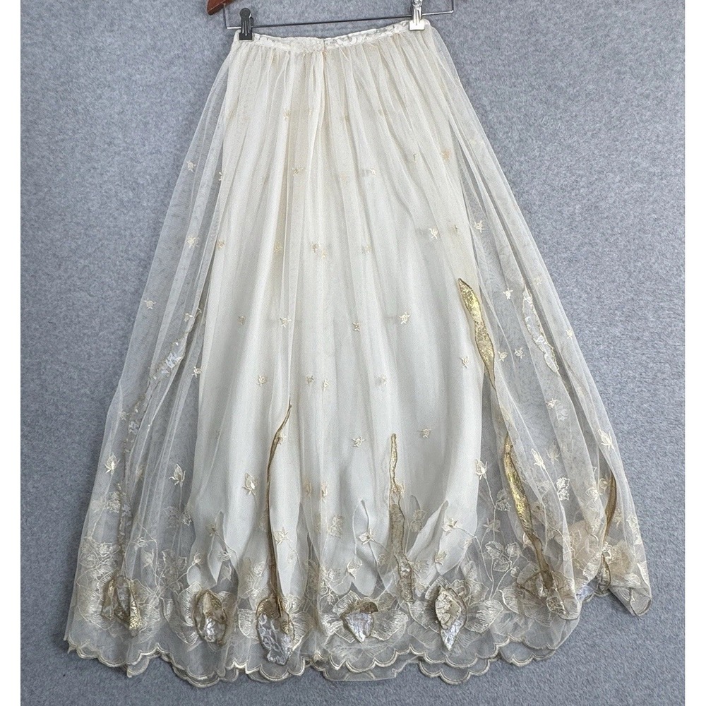 Whimsical Fairycore Ethereal Tulle Maxi Skirt XS Cream Gold Embroidered Bridal - Picture 8 of 16